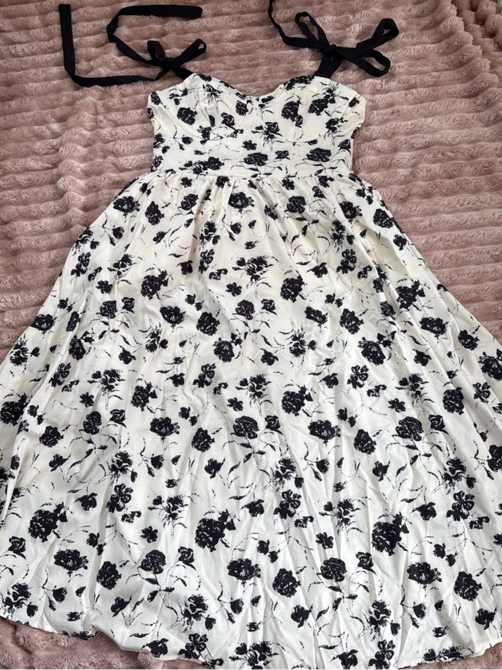 SHEIN White Sundress with Black Floral Print and Tie Shoulders